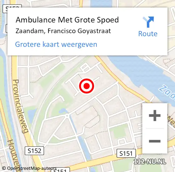 Locatie op kaart van de 112 melding: Ambulance Met Grote Spoed Naar Zaandam, Francisco Goyastraat op 30 augustus 2020 12:45