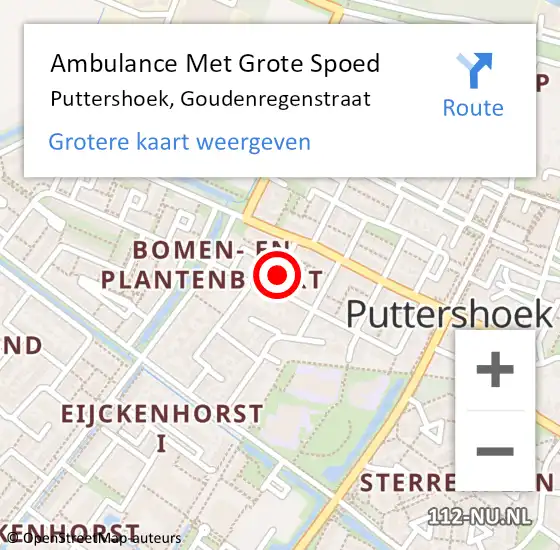 Locatie op kaart van de 112 melding: Ambulance Met Grote Spoed Naar Puttershoek, Goudenregenstraat op 30 augustus 2020 20:57