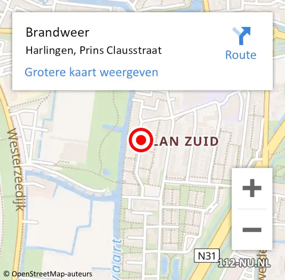 Locatie op kaart van de 112 melding: Brandweer Harlingen, Prins Clausstraat op 17 mei 2014 17:03