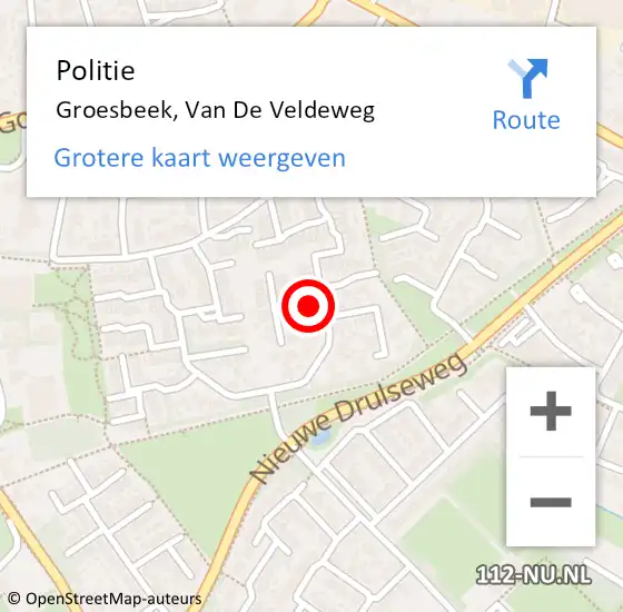 Locatie op kaart van de 112 melding: Politie Groesbeek, Van De Veldeweg op 3 september 2020 14:07