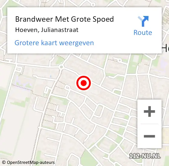 Locatie op kaart van de 112 melding: Brandweer Met Grote Spoed Naar Hoeven, Julianastraat op 17 mei 2014 20:50