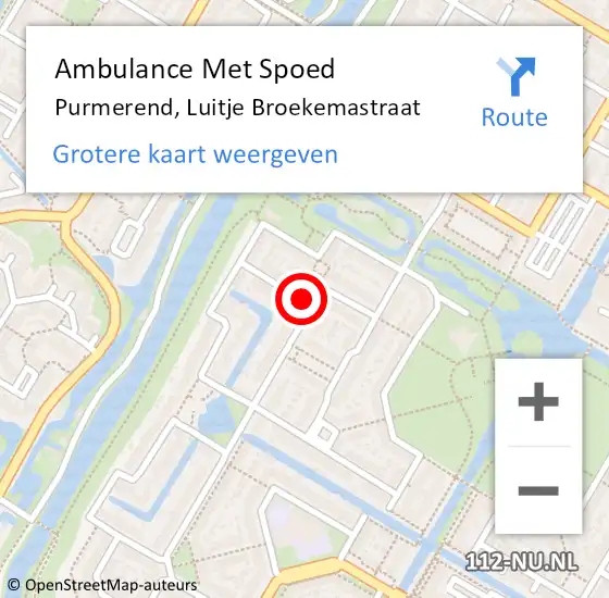 Locatie op kaart van de 112 melding: Ambulance Met Spoed Naar Purmerend, Luitje Broekemastraat op 3 september 2020 16:22