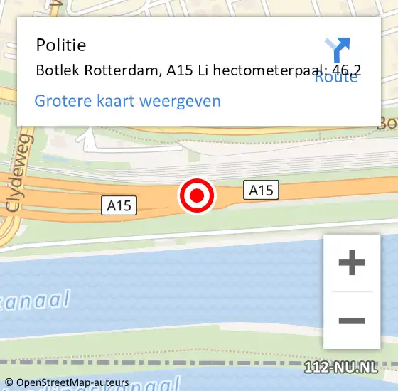 Locatie op kaart van de 112 melding: Politie Botlek Rotterdam, A15 Li hectometerpaal: 45,6 op 3 september 2020 16:48