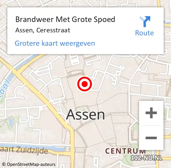 Locatie op kaart van de 112 melding: Brandweer Met Grote Spoed Naar Assen, Ceresstraat op 4 september 2020 16:27