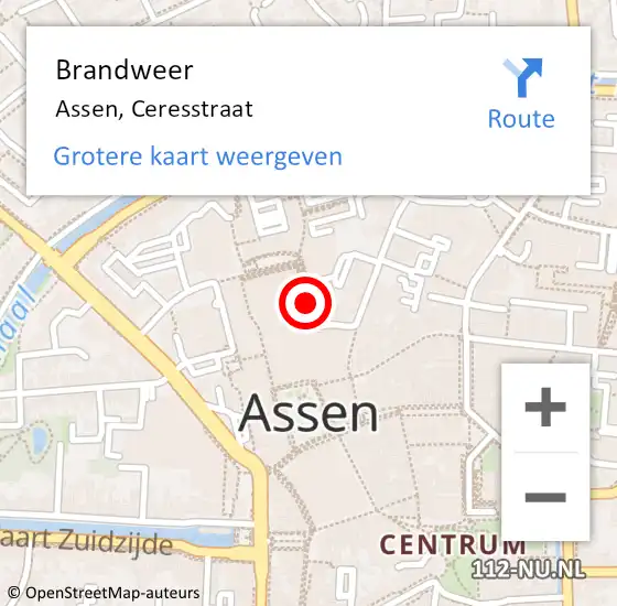 Locatie op kaart van de 112 melding: Brandweer Assen, Ceresstraat op 4 september 2020 16:30