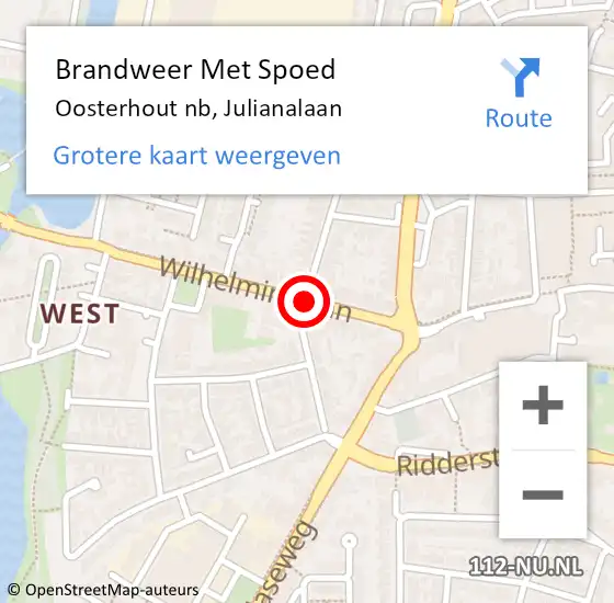 Locatie op kaart van de 112 melding: Brandweer Met Spoed Naar Oosterhout nb, Julianalaan op 5 september 2020 07:24