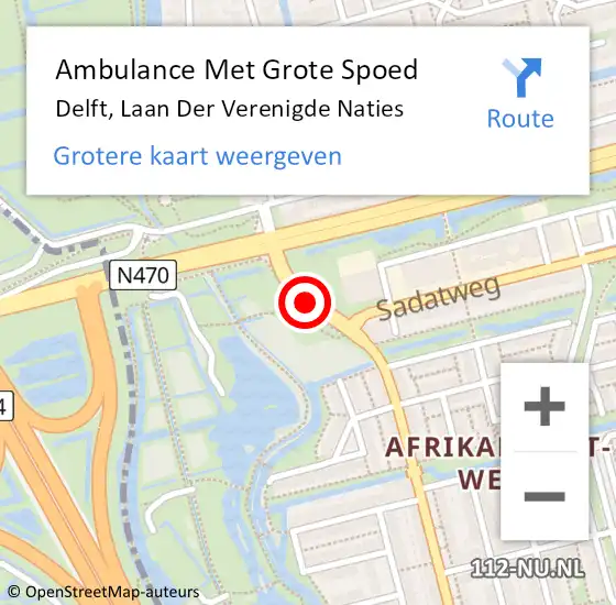 Locatie op kaart van de 112 melding: Ambulance Met Grote Spoed Naar Delft, Laan Der Verenigde Naties op 5 september 2020 16:58