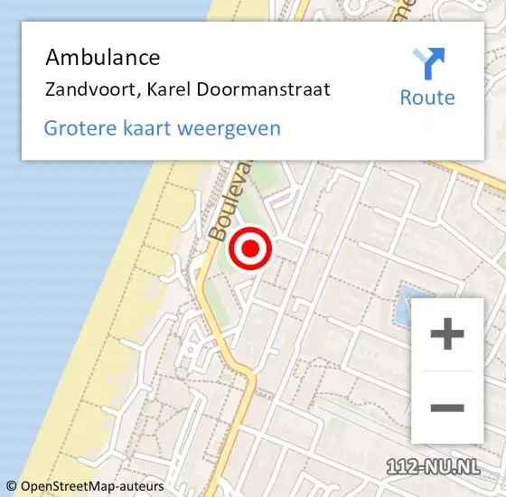 Locatie op kaart van de 112 melding: Ambulance Zandvoort, Karel Doormanstraat op 8 september 2020 12:54