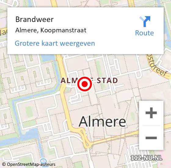 Locatie op kaart van de 112 melding: Brandweer Almere, Koopmanstraat op 10 september 2020 09:05