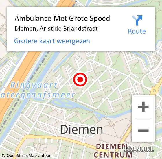 Locatie op kaart van de 112 melding: Ambulance Met Grote Spoed Naar Diemen, Aristide Briandstraat op 12 september 2020 02:56