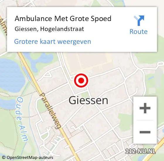 Locatie op kaart van de 112 melding: Ambulance Met Grote Spoed Naar Giessen, Hogelandstraat op 18 mei 2014 18:58