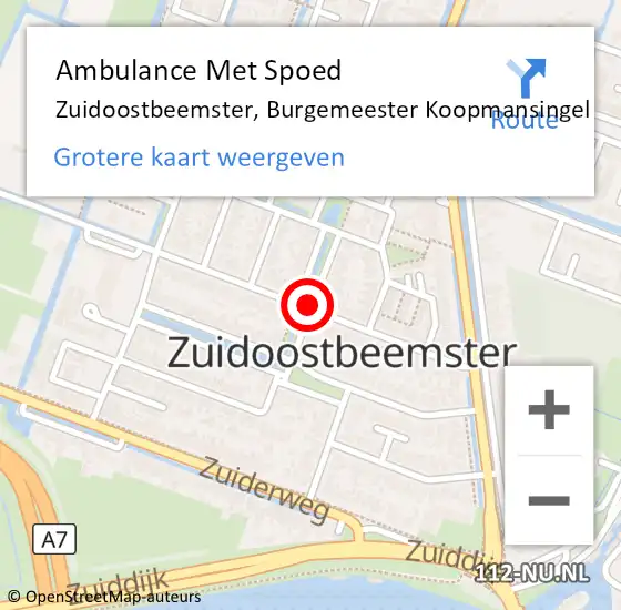 Locatie op kaart van de 112 melding: Ambulance Met Spoed Naar Zuidoostbeemster, Burgemeester Koopmansingel op 14 september 2020 21:41