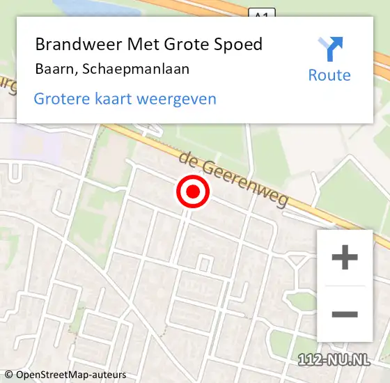 Locatie op kaart van de 112 melding: Brandweer Met Grote Spoed Naar Baarn, Schaepmanlaan op 15 september 2020 01:50