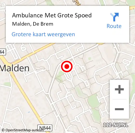 Locatie op kaart van de 112 melding: Ambulance Met Grote Spoed Naar Malden, De Brem op 15 september 2020 10:46