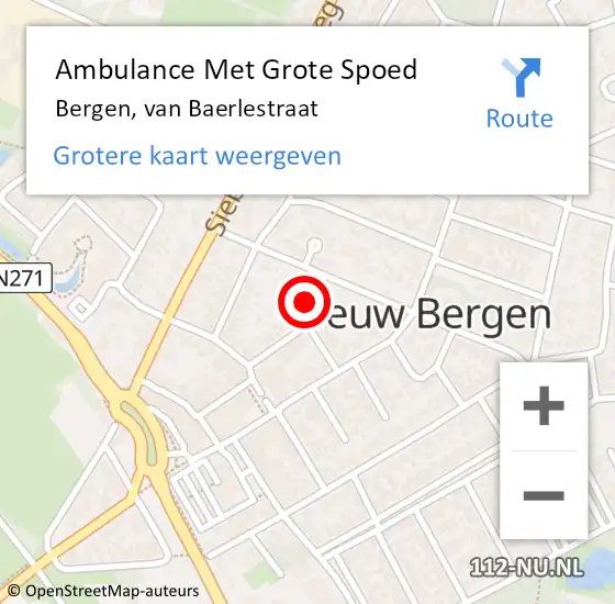 Locatie op kaart van de 112 melding: Ambulance Met Grote Spoed Naar Bergen, van Baerlestraat op 19 mei 2014 08:11