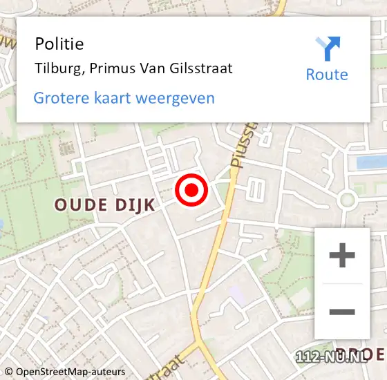 Locatie op kaart van de 112 melding: Politie Tilburg, Primus Van Gilsstraat op 17 september 2020 20:01