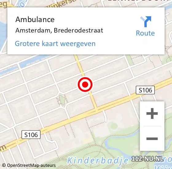Locatie op kaart van de 112 melding: Ambulance Amsterdam, Brederodestraat op 18 september 2020 09:58