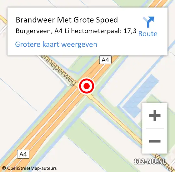 Locatie op kaart van de 112 melding: Brandweer Met Grote Spoed Naar Burgerveen, A4 Li hectometerpaal: 17,3 op 18 september 2020 20:26