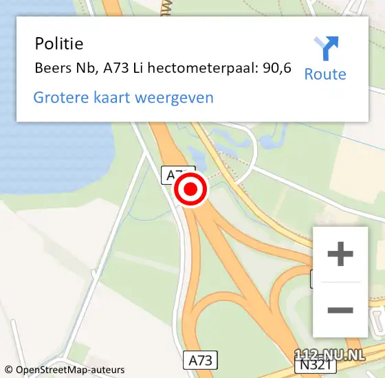 Locatie op kaart van de 112 melding: Politie Beers Nb, A73 Li hectometerpaal: 90,6 op 20 september 2020 07:08