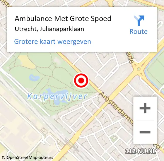 Locatie op kaart van de 112 melding: Ambulance Met Grote Spoed Naar Utrecht, Julianaparklaan op 20 september 2020 14:46