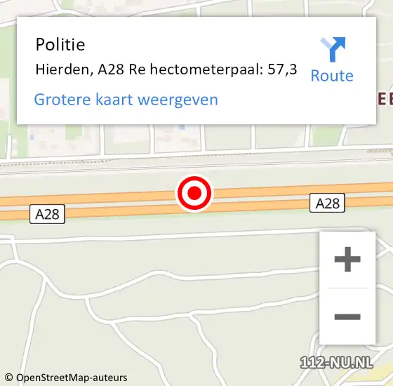 Locatie op kaart van de 112 melding: Politie Hierden, A28 Re hectometerpaal: 57,3 op 20 september 2020 16:18