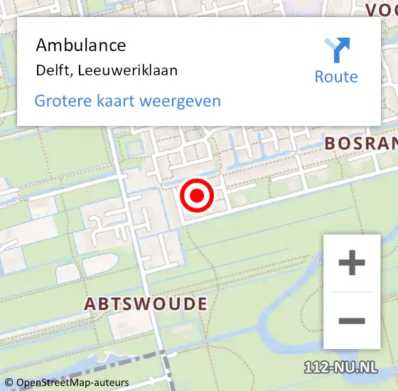 Locatie op kaart van de 112 melding: Ambulance Delft, Leeuweriklaan op 21 september 2020 17:19
