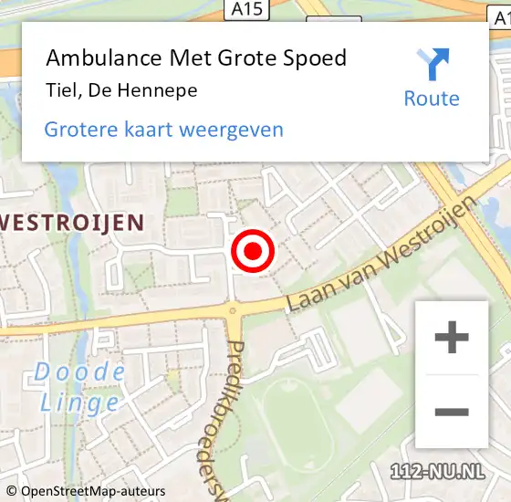 Locatie op kaart van de 112 melding: Ambulance Met Grote Spoed Naar Tiel, De Hennepe op 21 september 2020 20:02