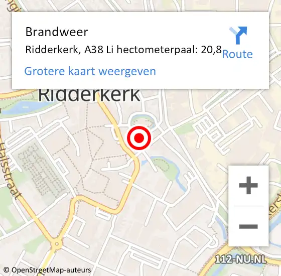 Locatie op kaart van de 112 melding: Brandweer Ridderkerk, A38 Li hectometerpaal: 20,8 op 22 september 2020 11:23