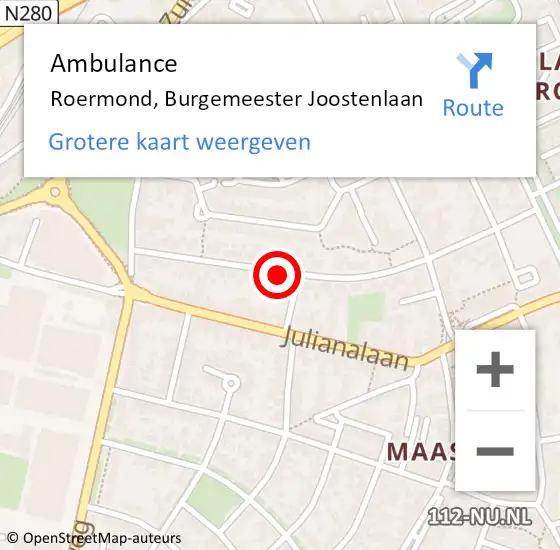 Locatie op kaart van de 112 melding: Ambulance Roermond, Burgemeester Joostenlaan op 25 september 2020 13:09