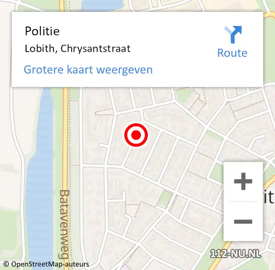 Locatie op kaart van de 112 melding: Politie Lobith, Chrysantstraat op 27 september 2020 20:10