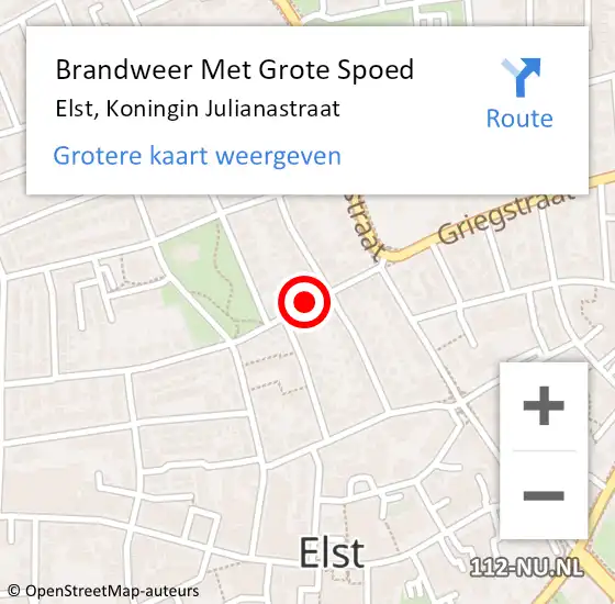 Locatie op kaart van de 112 melding: Brandweer Met Grote Spoed Naar Elst, Koningin Julianastraat op 28 september 2020 03:10