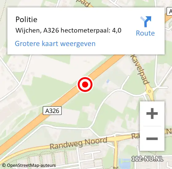 Locatie op kaart van de 112 melding: Politie Wijchen, A326 hectometerpaal: 4,0 op 1 oktober 2020 20:12