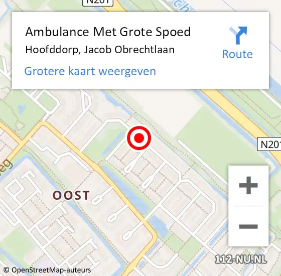 Locatie op kaart van de 112 melding: Ambulance Met Grote Spoed Naar Hoofddorp, Jacob Obrechtlaan op 2 oktober 2020 08:59