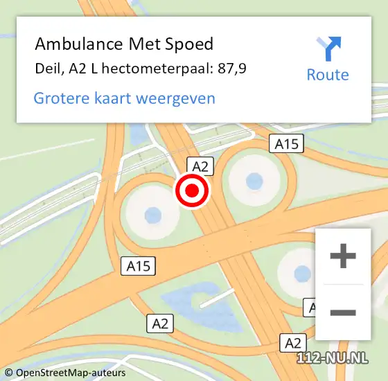 Locatie op kaart van de 112 melding: Ambulance Met Spoed Naar Deil, A2 R hectometerpaal: 90,9 op 20 mei 2014 18:24
