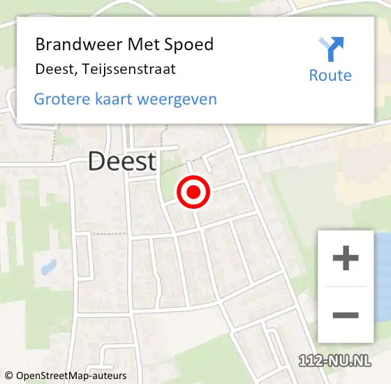 Locatie op kaart van de 112 melding: Brandweer Met Spoed Naar Deest, Teijssenstraat op 2 oktober 2020 15:42