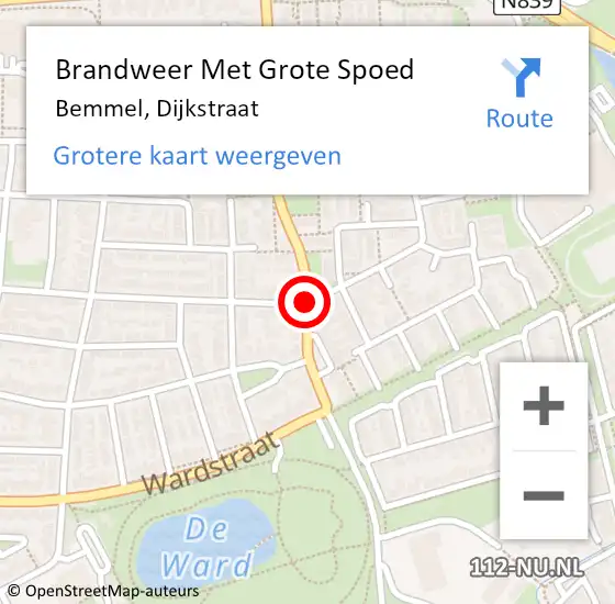 Locatie op kaart van de 112 melding: Brandweer Met Grote Spoed Naar Bemmel, Dijkstraat op 6 oktober 2020 20:45