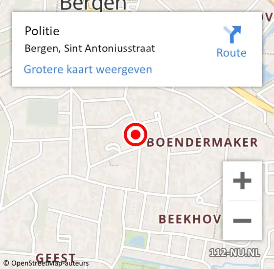 Locatie op kaart van de 112 melding: Politie Bergen, Sint Antoniusstraat op 7 oktober 2020 10:04