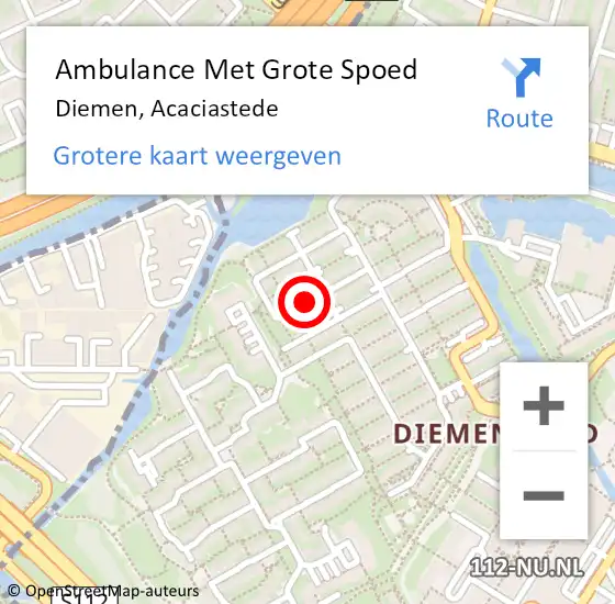 Locatie op kaart van de 112 melding: Ambulance Met Grote Spoed Naar Diemen, Acaciastede op 8 oktober 2020 11:46