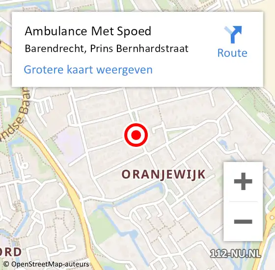 Locatie op kaart van de 112 melding: Ambulance Met Spoed Naar Barendrecht, Prins Bernhardstraat op 12 oktober 2020 19:28