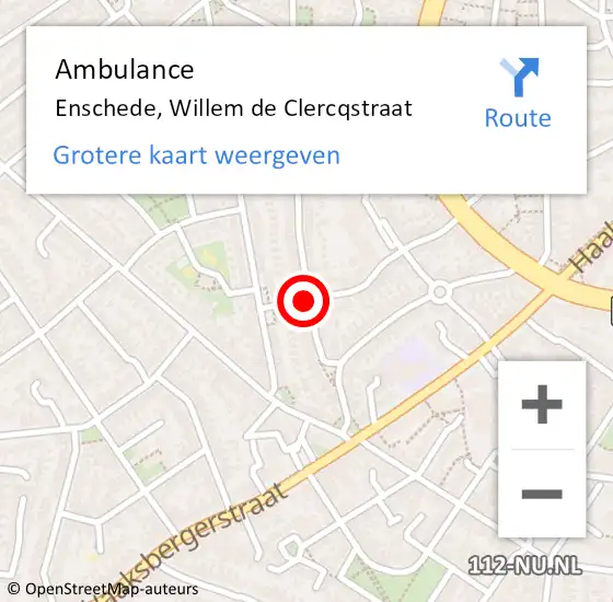 Locatie op kaart van de 112 melding: Ambulance Enschede, Willem de Clercqstraat op 15 oktober 2020 15:36