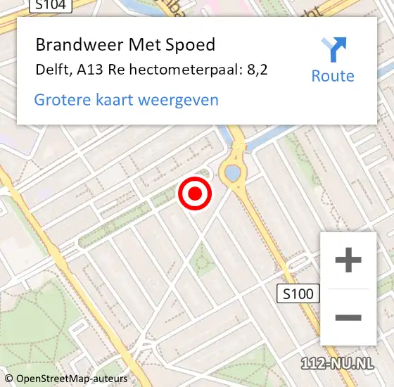 Locatie op kaart van de 112 melding: Brandweer Met Spoed Naar Delft, A13 Re hectometerpaal: 11,4 op 17 oktober 2020 05:06