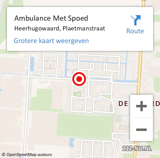 Locatie op kaart van de 112 melding: Ambulance Met Spoed Naar Heerhugowaard, Plaetmanstraat op 17 oktober 2020 23:16