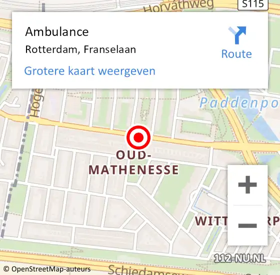 Locatie op kaart van de 112 melding: Ambulance Rotterdam, Franselaan op 19 oktober 2020 12:30