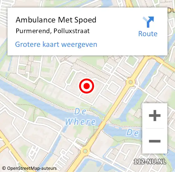 Locatie op kaart van de 112 melding: Ambulance Met Spoed Naar Purmerend, Polluxstraat op 19 oktober 2020 21:02