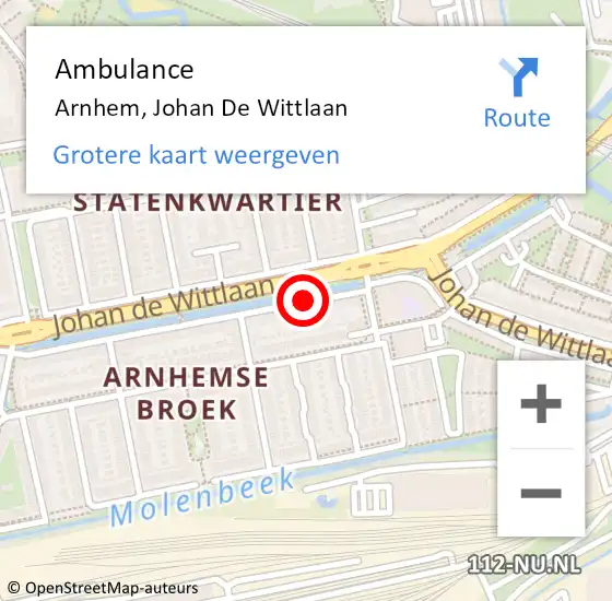 Locatie op kaart van de 112 melding: Ambulance Arnhem, Johan De Wittlaan op 21 oktober 2020 10:12