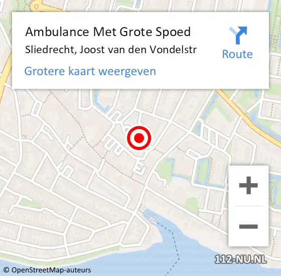 Locatie op kaart van de 112 melding: Ambulance Met Grote Spoed Naar Sliedrecht, Joost Van Den Vondelstr op 26 oktober 2020 08:35