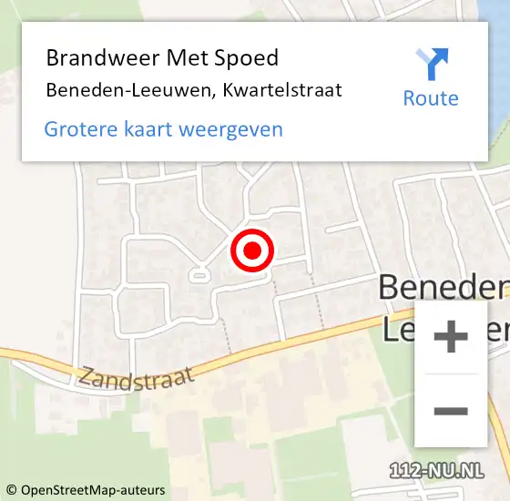 Locatie op kaart van de 112 melding: Brandweer Met Spoed Naar Beneden-Leeuwen, Kwartelstraat op 26 oktober 2020 09:05