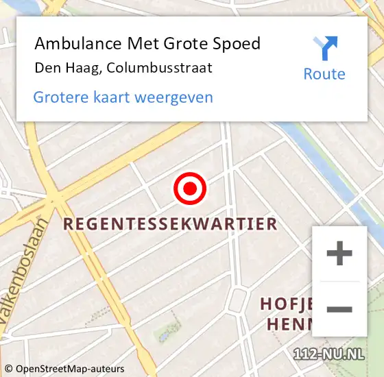Locatie op kaart van de 112 melding: Ambulance Met Grote Spoed Naar Den Haag, Columbusstraat op 27 oktober 2020 18:48