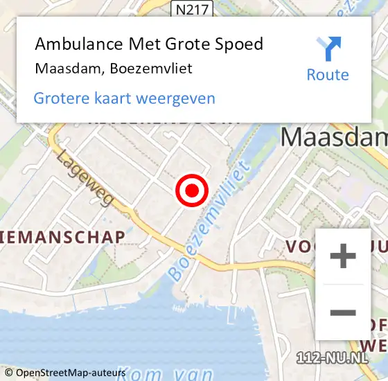 Locatie op kaart van de 112 melding: Ambulance Met Grote Spoed Naar Maasdam, Boezemvliet op 27 oktober 2020 21:05