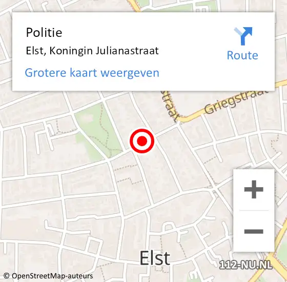 Locatie op kaart van de 112 melding: Politie Elst, Koningin Julianastraat op 1 november 2020 17:48